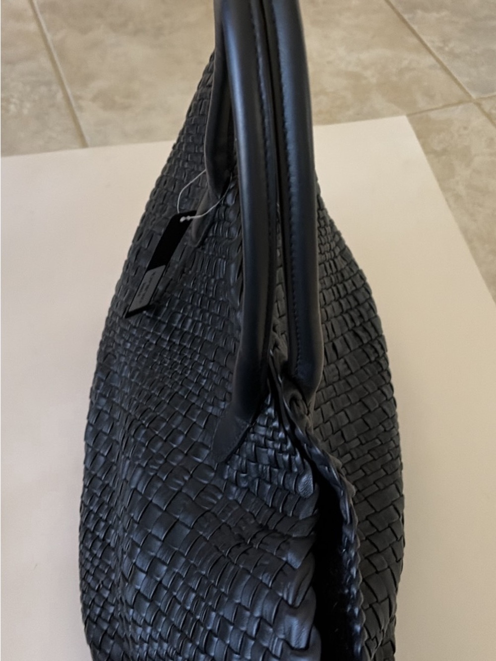 NWT Falor Women's Black Woven Leather Tote Bag with Top Handles - Picture 10 of 10